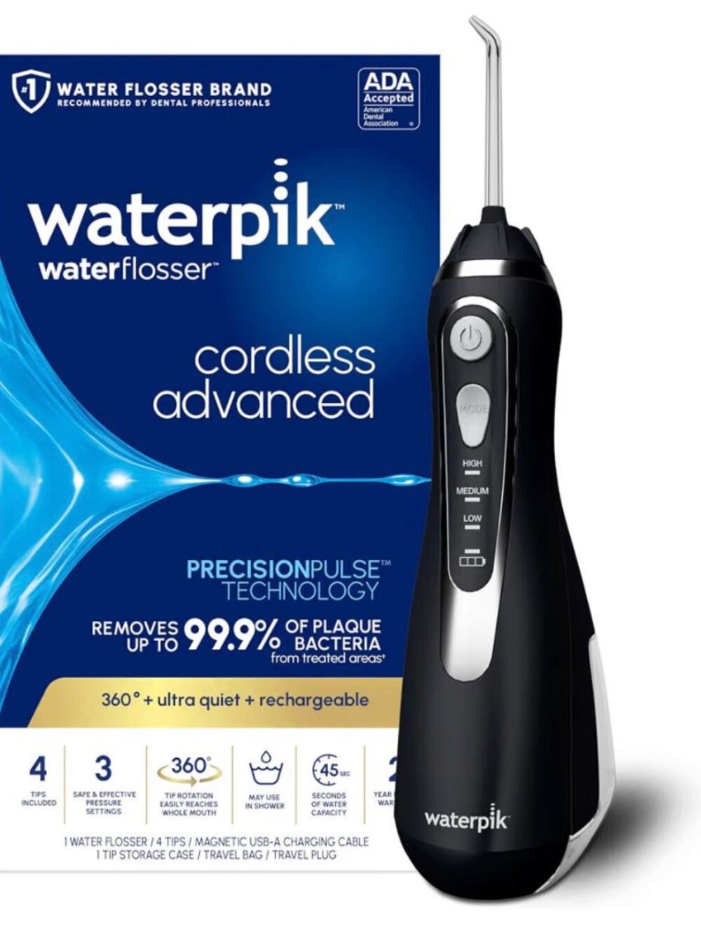 Waterpik Cordless Advanced Water Flosser 360° Rechargeable 3 Settings Black.